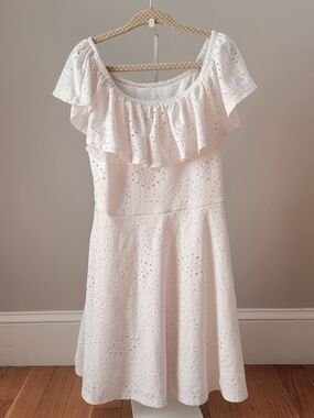 Girls White Eyelet Ruffle Off-Shoulder Dress